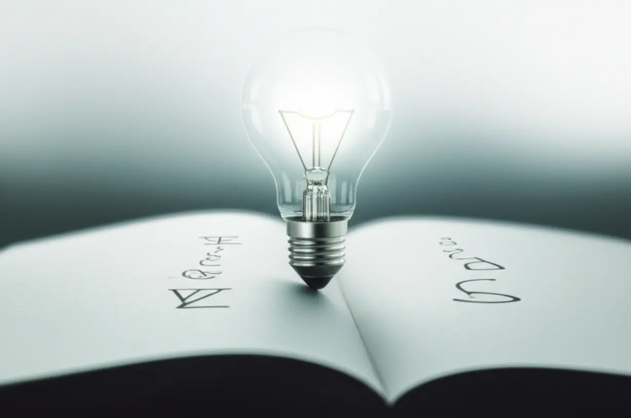 Minimalist-light-bulb-above-an-open-notebook-with-abstract-symbols,-representing-a-clear,-quick-understanding.