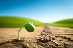 A-cute-3D-image-of-a-tiny-sprout-breaking-through-soil,-with-a-path-leading-to-a-bright-horizon,-symbolizing-new-beginnings-and-taking-action.