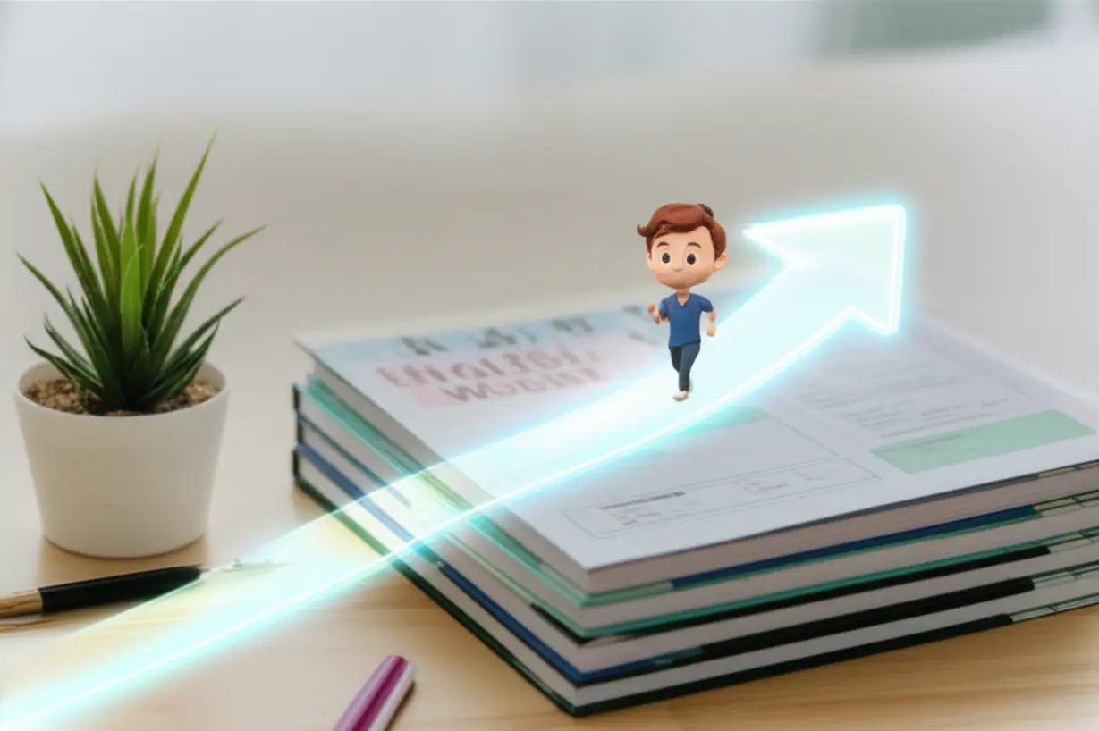 A-cute-3D-squirrel-happily-following-a-clear-learning-path-on-an-organized-desk,-representing-the-effectiveness-of-a-structured-routine.