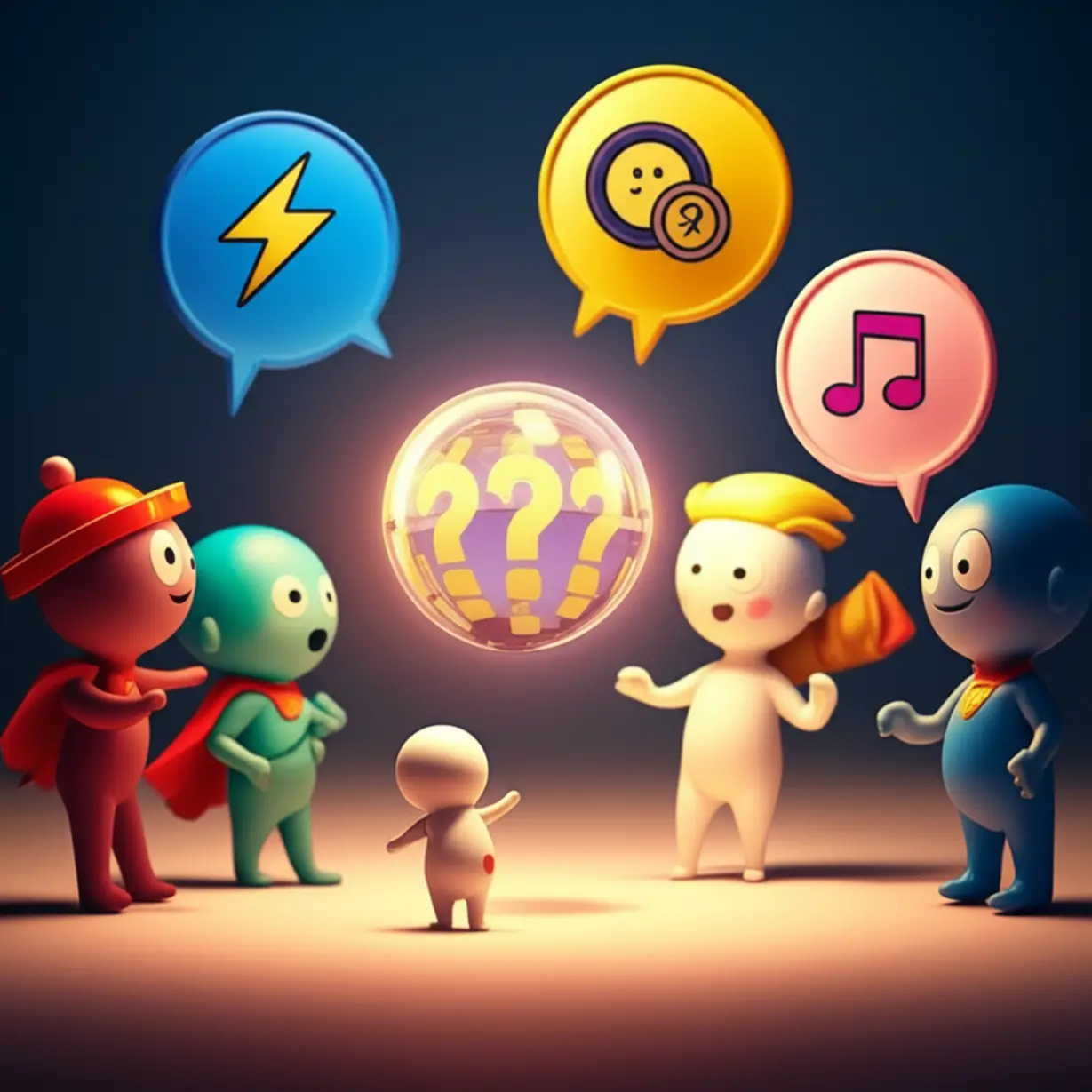 A-cute-3D-scene-with-cartoon-characters-debating-funny-superpower-options-around-a-glowing-choice-ball,-emphasizing-the-interactive-and-psychological-appeal-of-balance-games.