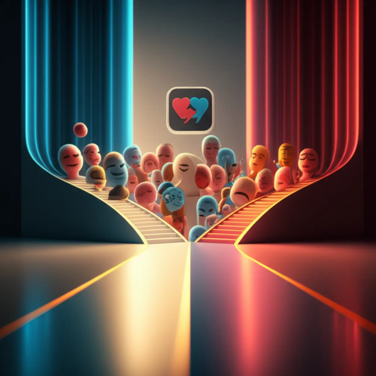 A-3D-image-depicting-contrasting-life-paths-and-social-media,-symbolizing-racial-identity-and-social-inequality-themes.