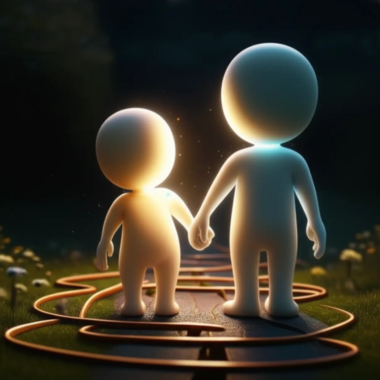 밝고-은은한-색상의-두-인물-형상이-손을-잡고-학교-시절부터-성인까지의-다양한-시대를-거쳐가는-길을-걷고-있다.-우정과-경쟁의-상징들이-주변에-있다.