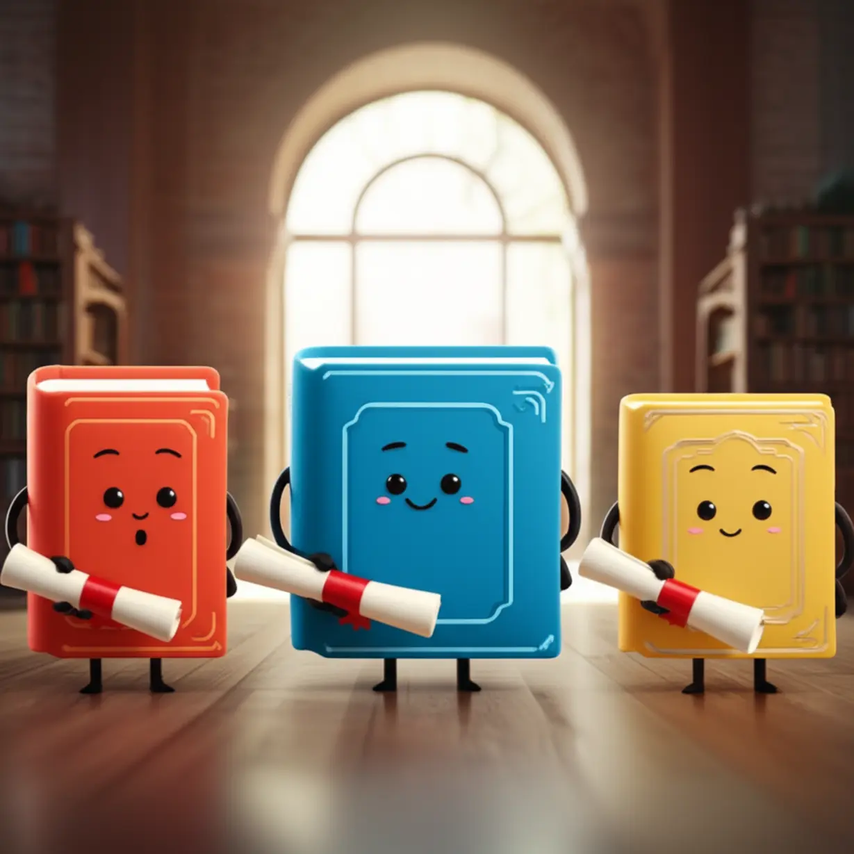 Cute-3D-illustration-of-three-book-characters,-each-representing-a-librarian-certificate-level-(associate,-second-grade,-first-grade),-standing-in-front-of-a-library.