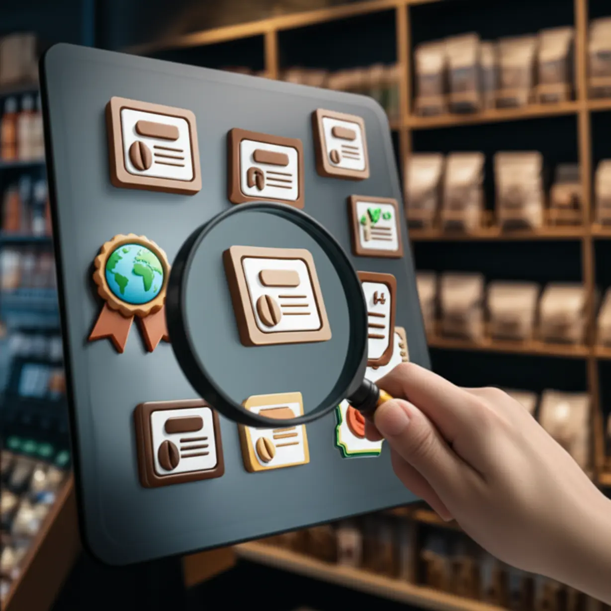 A-cute-3D-illustration-showing-various-types-of-barista-certificate-icons,-some-global-and-some-local,-with-a-magnifying-glass-emphasizing-choice.
