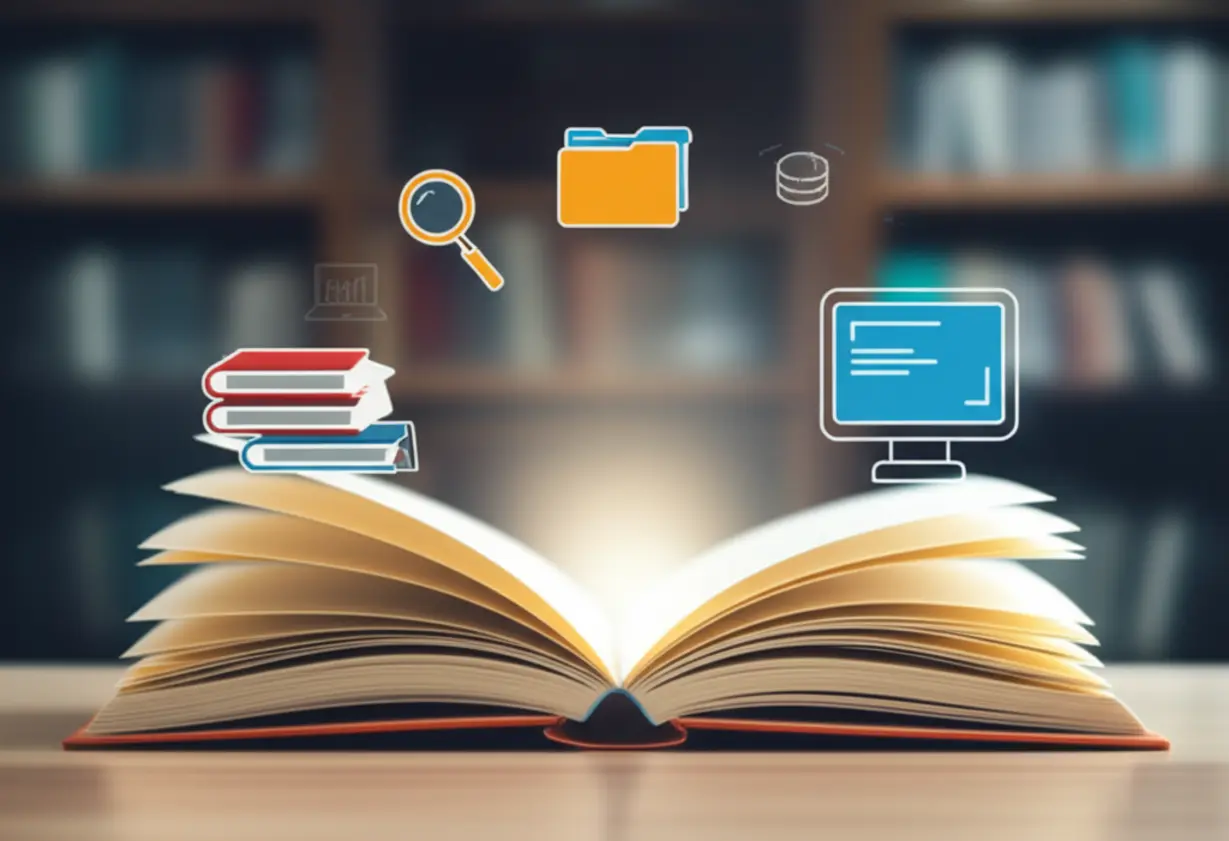 지식과-정보를-상징하는-아이콘으로-둘러싸인-열린-책