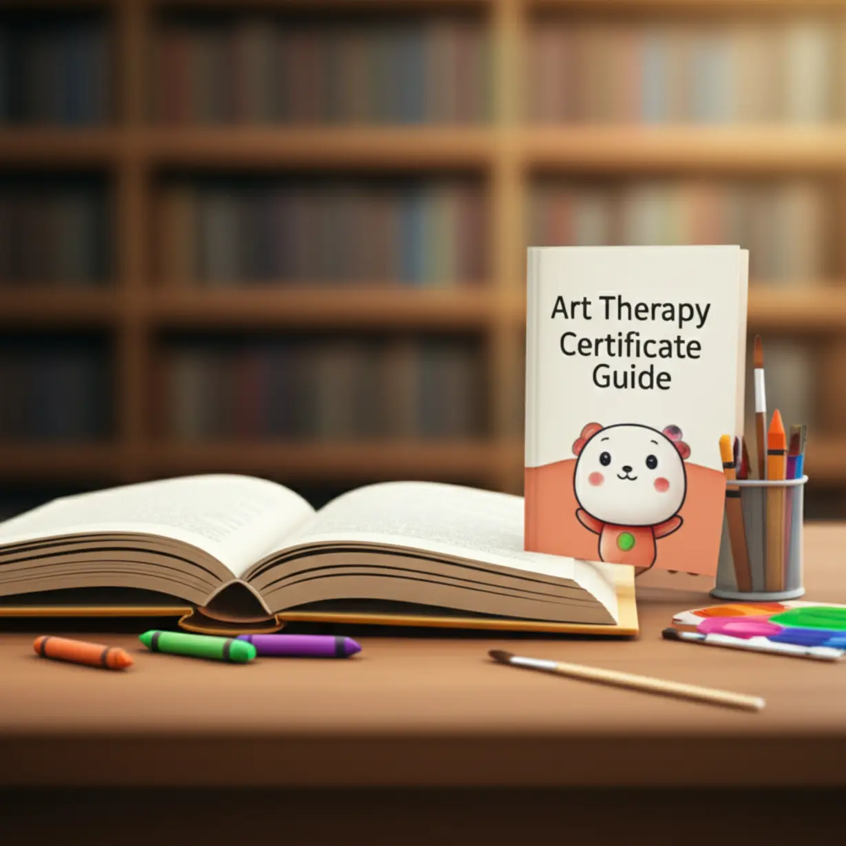 A-desk-with-an-open-guide-book-for-art-therapy-certificates-and-colorful-art-supplies,-symbolizing-the-beginning-of-learning.