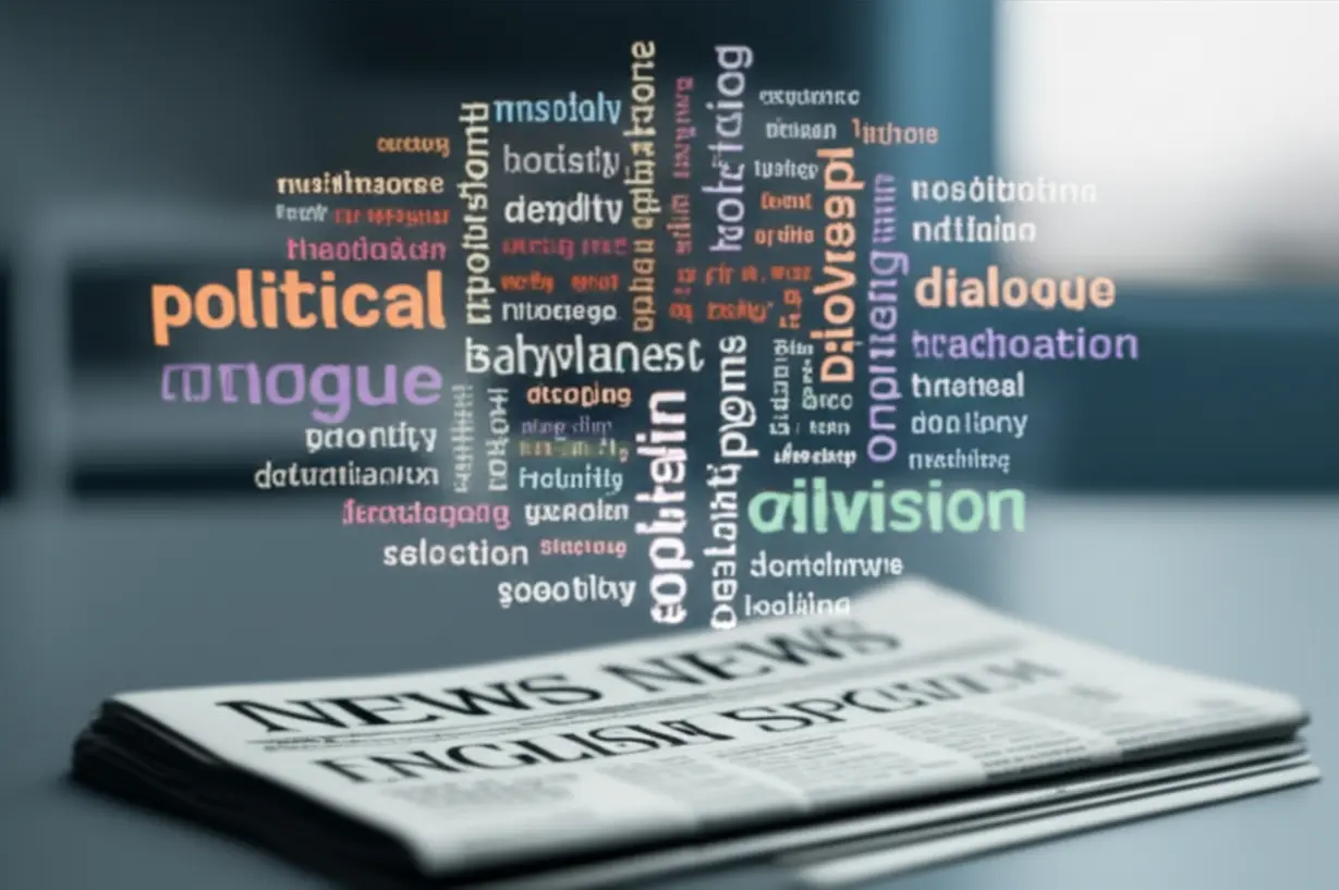3D-illustration-of-a-newsroom-with-a-newspaper-and-a-holographic-word-cloud,-symbolizing-analysis-of-political-language-in-media.