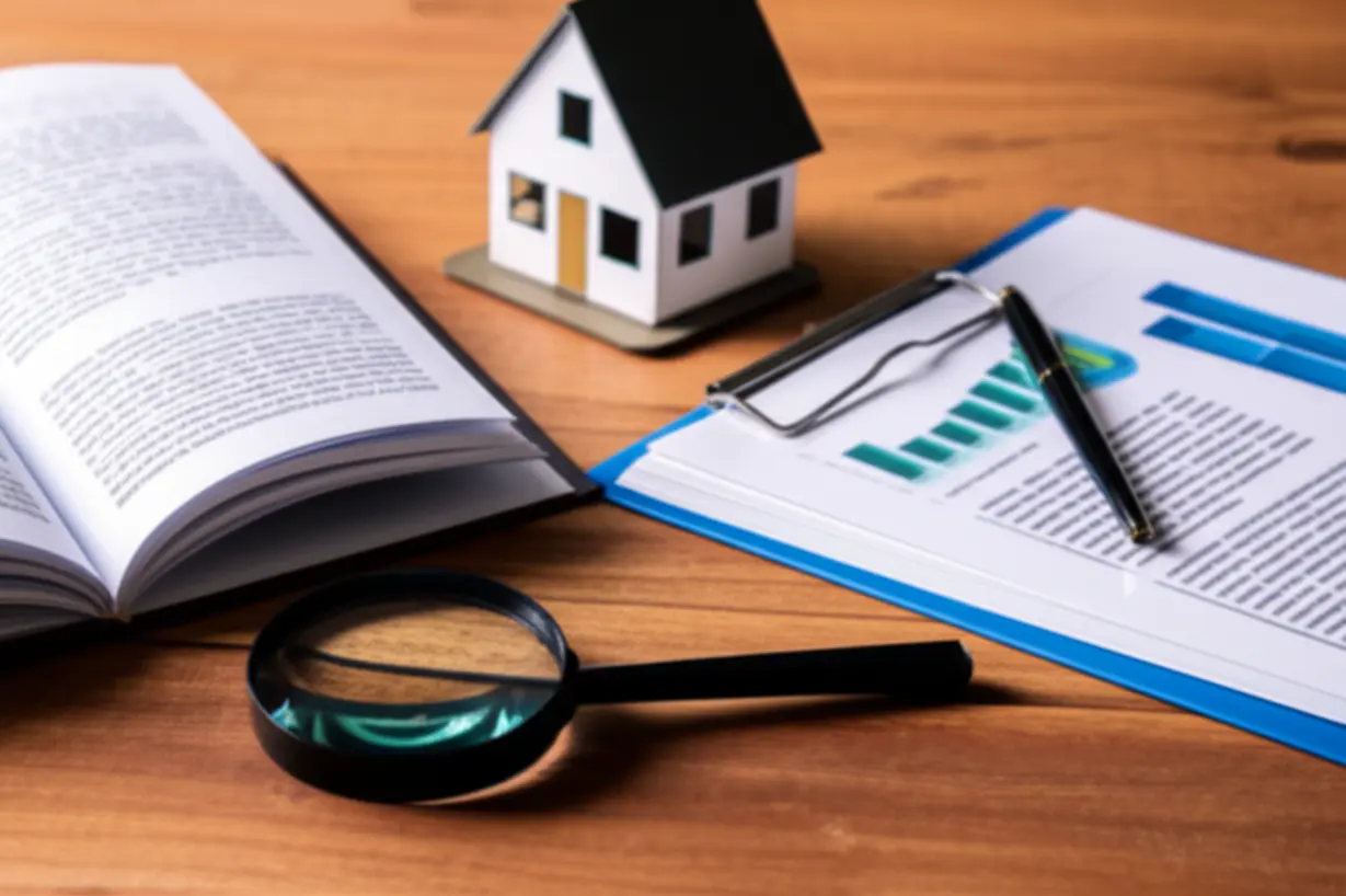 A-3D-illustration-of-legal-documents,-a-house-model,-and-analysis-tools-representing-the-study-of-real-estate-rights.