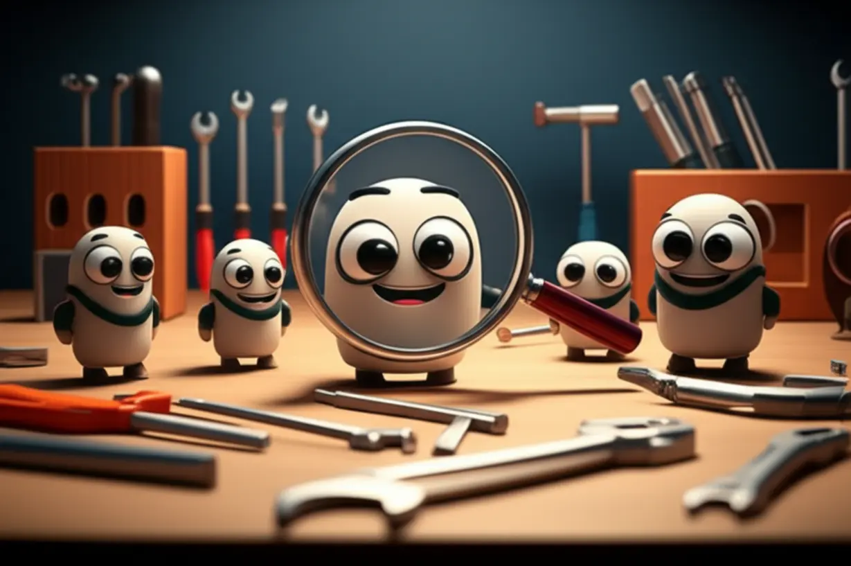 A-3D-image-of-various-specialized-tools-on-a-workbench-with-a-magnifying-glass,-representing-different-types-of-skilled-workers-and-their-recognition.