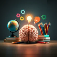 지식과-잠재력을-상징하는-요소들로-둘러싸인-귀여운-3D-뇌-이미지