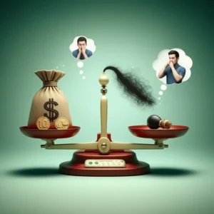 A-cute-3D-scene-depicting-funny-superpower-choices-with-a-giant-balance-scale,-tiny-coins,-and-abstract-humorous-elements.