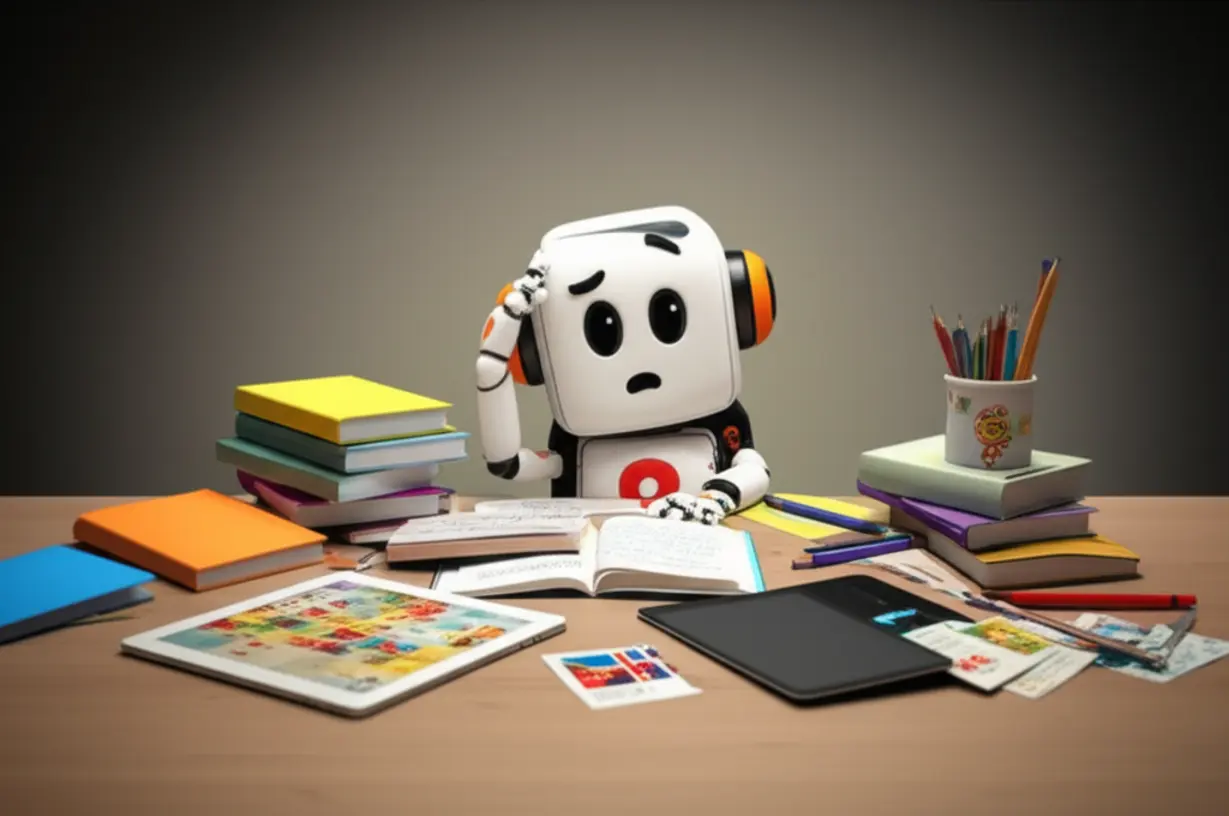 A-cute-3D-robot-overwhelmed-by-disorganized-English-learning-materials,-symbolizing-the-difficulty-of-self-study.