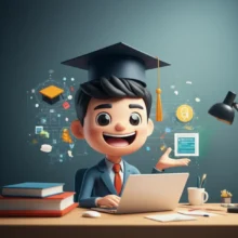 A-cute-3D-office-worker-studying-on-a-laptop-in-a-modern-home-office,-surrounded-by-symbols-of-education-and-achievement,-illustrating-easy-and-efficient-degree-acquisition.