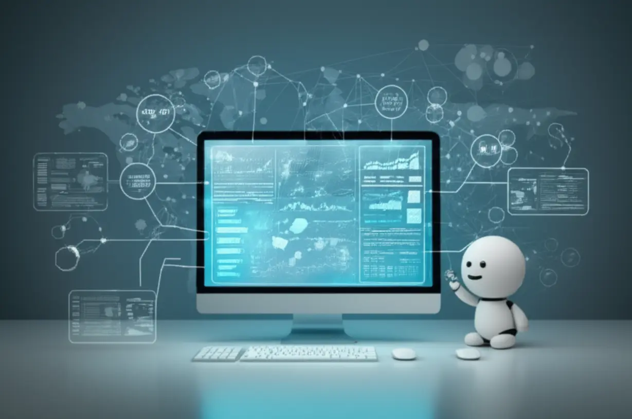 미래형-워크스테이션에서-AI-시스템이-전-세계-데이터베이스와-연결되어-보고서와-프레젠테이션을-생성하는-모습