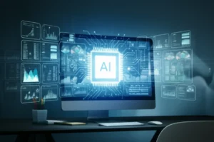 미래형-사무실-책상-위,-AI가-생성한-금융-데이터-차트와-보고서가-홀로그램으로-시각화되어-있는-모습