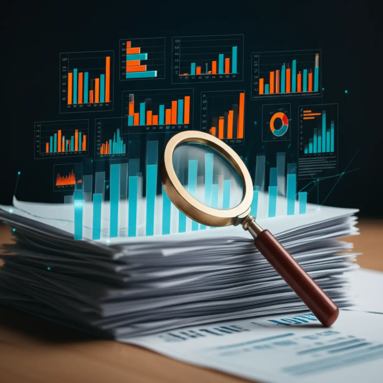 돋보기-아래-금융-보고서들이-다이내믹한-차트와-그래프로-변환되며-실시간-분석을-보여주는-모습
