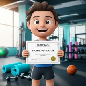 A-3D-illustration-of-a-smiling-person-successfully-holding-a-sports-instructor-certificate-in-a-gym-setting.