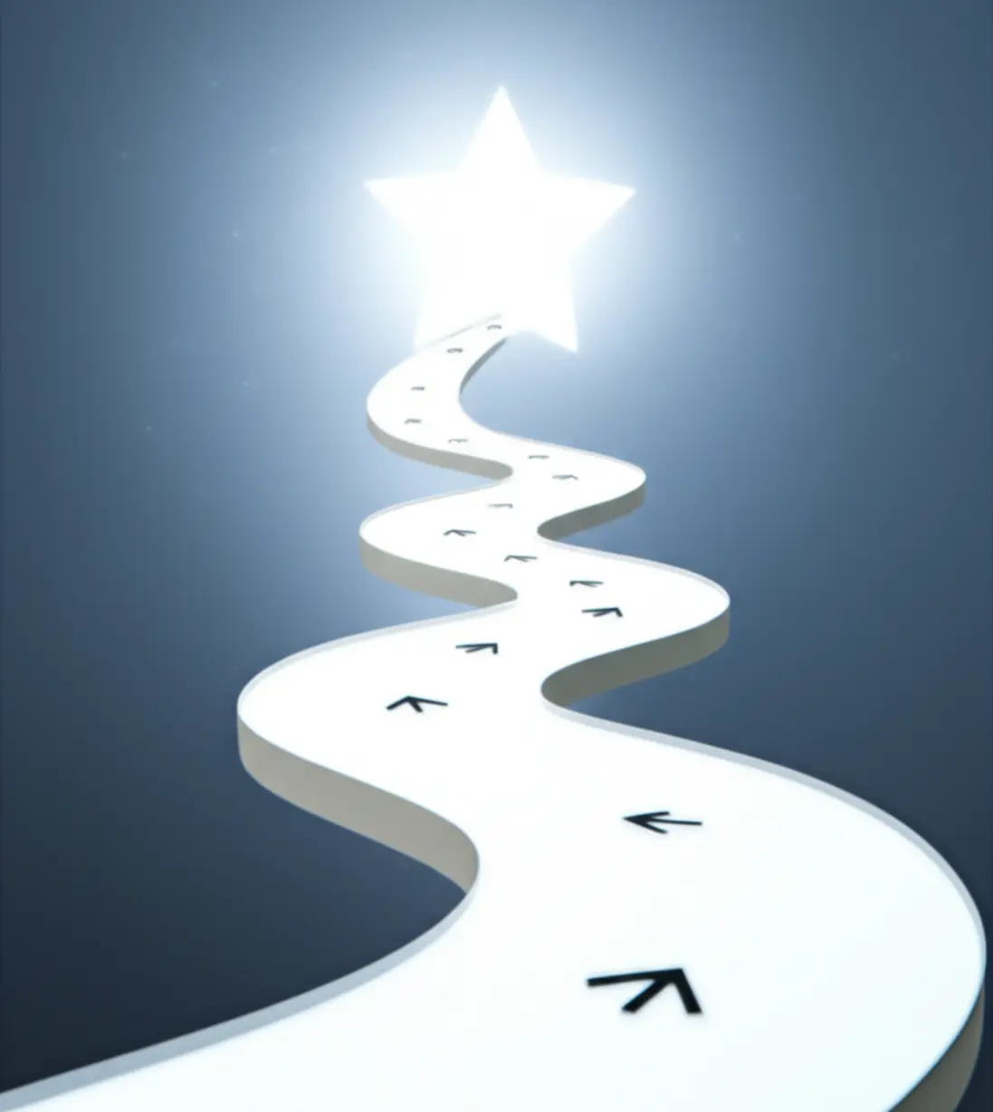 A-3D-image-of-a-clear,-winding-path-leading-up-to-a-sparkling,-abstract-star-or-beacon-in-the-distance.-Small,-subtle-arrows-guide-along-the-path-towards-the-star,-symbolizing-