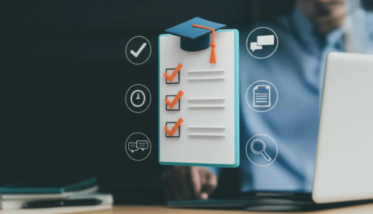 학위-모자,-시계,-돋보기,-말풍선-아이콘이-있는-체크리스트-이미지로-지원-자격과-전형-단계를-나타냅니다.