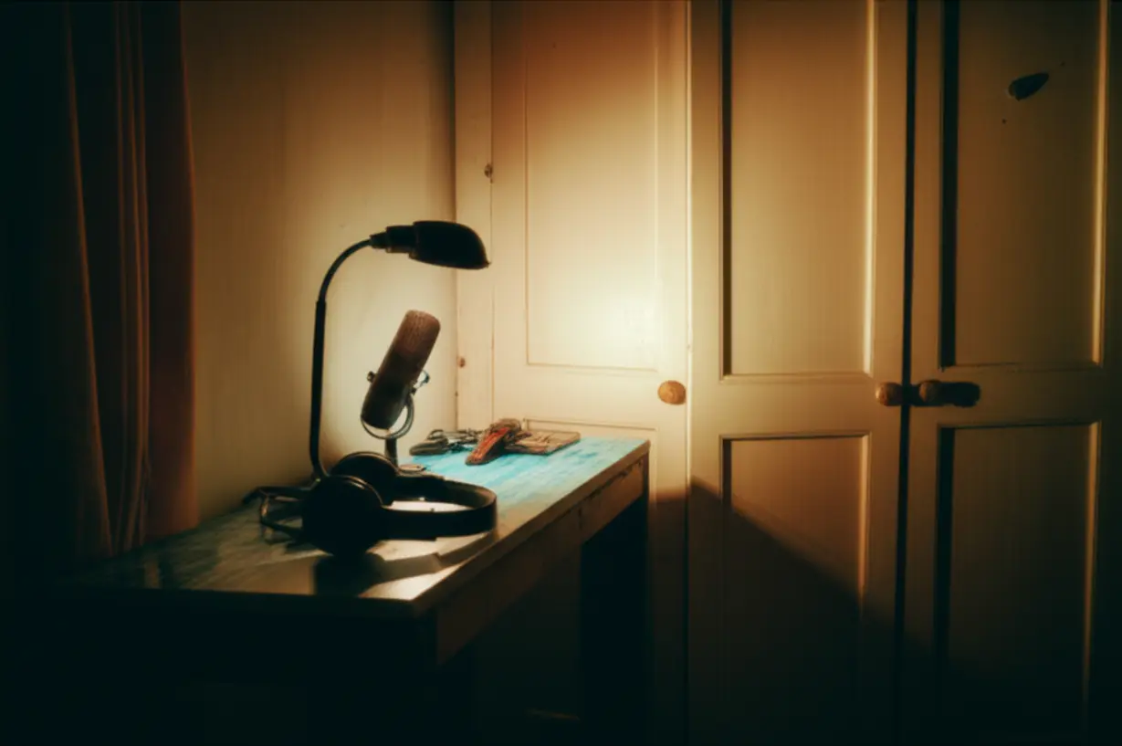 A-cozy-bedroom-corner-with-an-open-closet-door,-a-microphone,-and-headphones-on-a-small-desk,-illustrating-a-young-artist