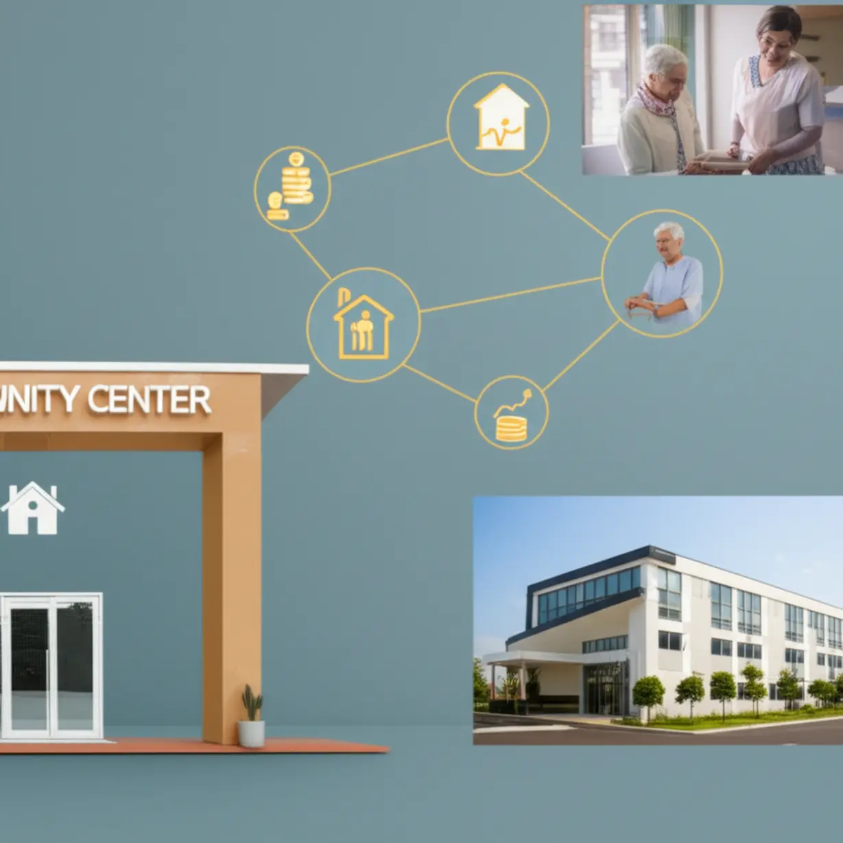 3D-illustration-showing-various-elder-care-work-environments-and-symbols-of-career-growth-and-stable-income.