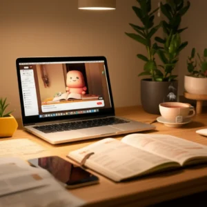 A-cozy-3D-rendered-study-nook-with-a-laptop-showing-an-online-lecture,-an-open-English-workbook,-and-a-cup-of-tea,-conveying-a-peaceful-and-effective-learning-environment.