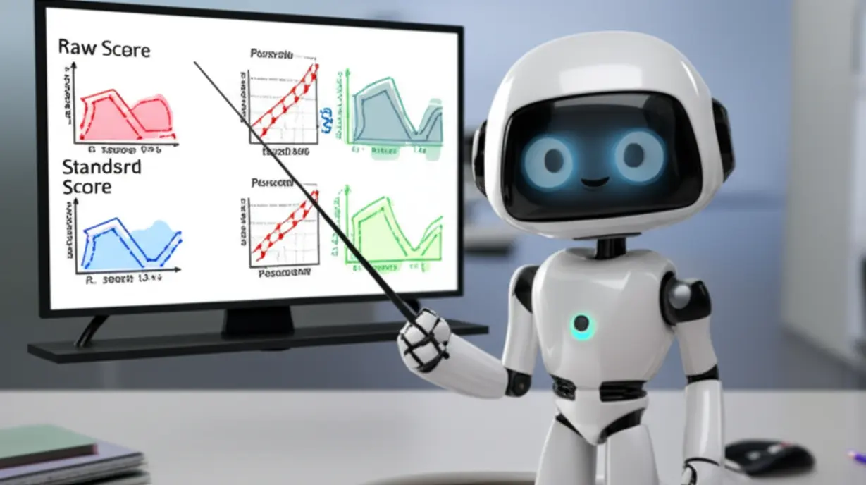 3D-로봇이-원점수,-표준점수,-백분위-등-수능-채점-시스템을-설명하는-모습