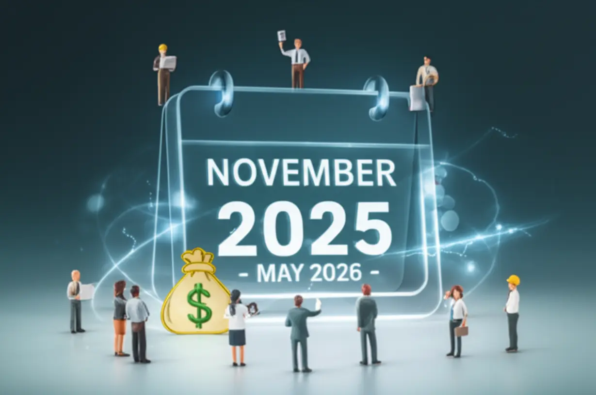 다양한-직무의-전문-인력-피규어들이-캘린더와-돈-주머니-아이콘-주변에-서-있는-모습.