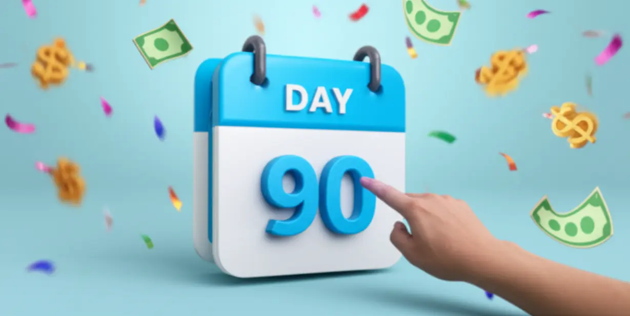 A-digital-calendar-showing-a-highlighted-90-day-period,-surrounded-by-confetti-and-money-symbols,-representing-a-free-trial-promotion.