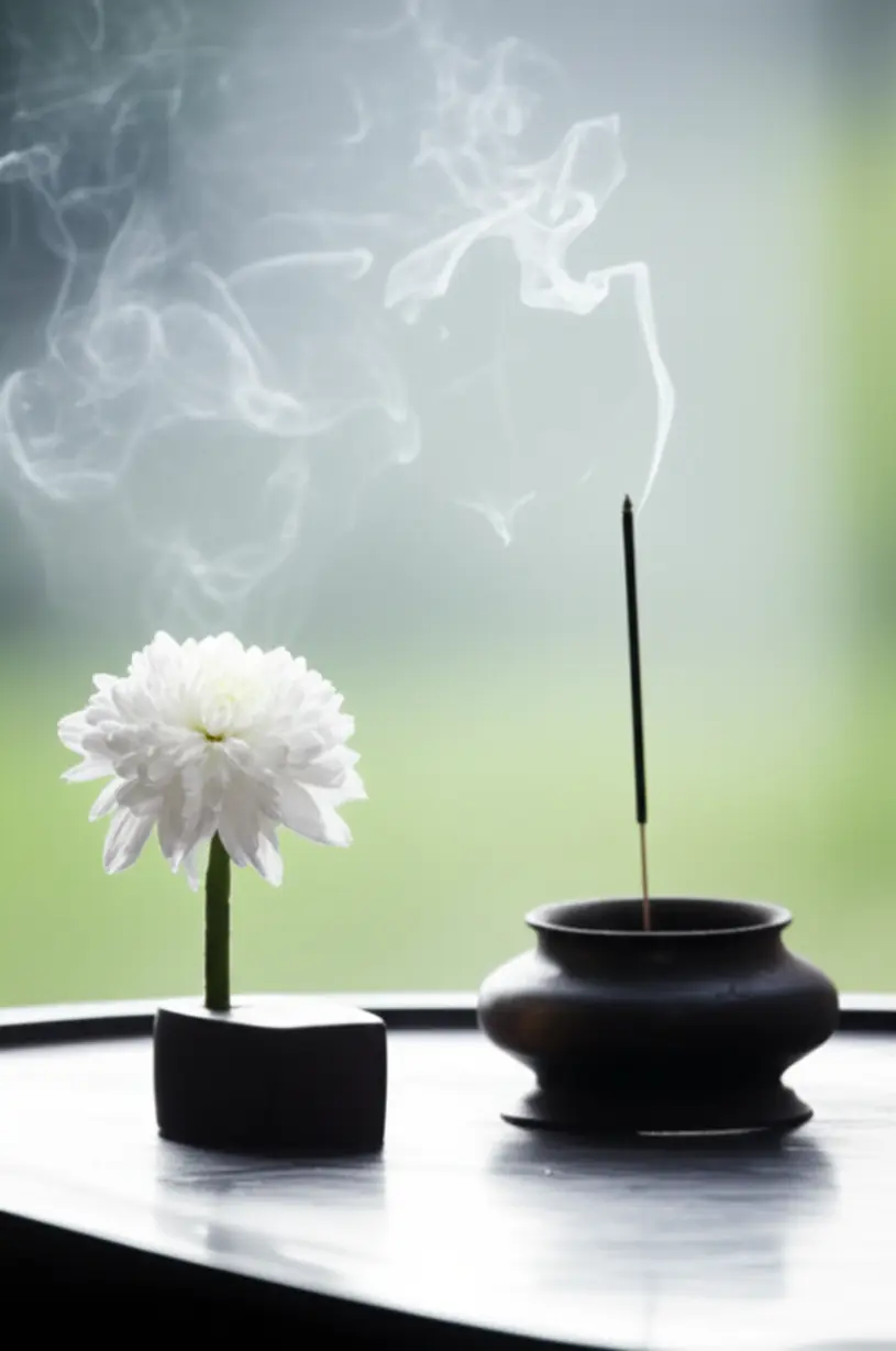 A-white-chrysanthemum-for-flower-offering-and-an-incense-stick-for-incense-burning,-symbolizing-funeral-etiquette.