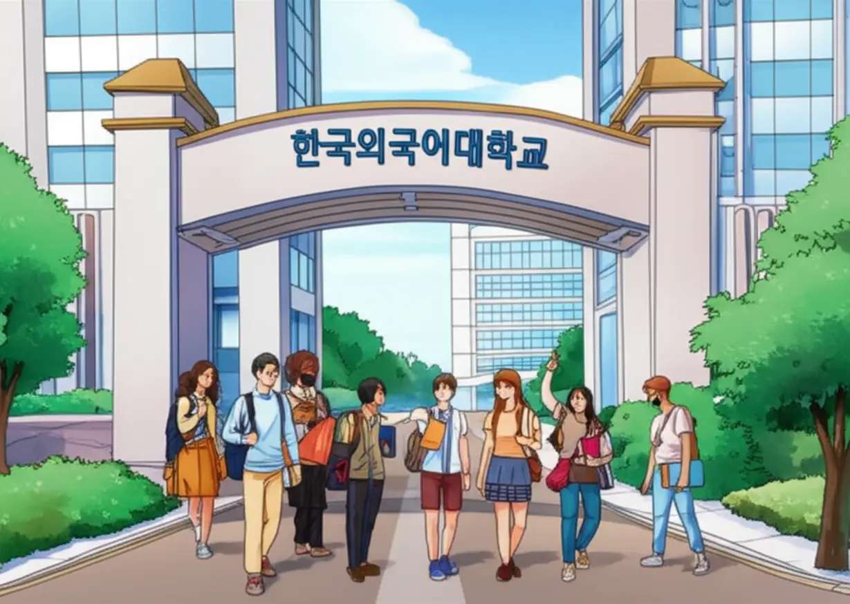 한국외국어대학교-캠퍼스-입구,-다양한-학생들이-활기차게-등교하는-모습.