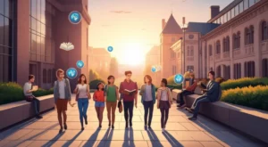 한국외국어대학교-캠퍼스-전경,-다양한-학생들이-공부하고-교류하며-글로벌-학습-분위기를-자아내는-모습.