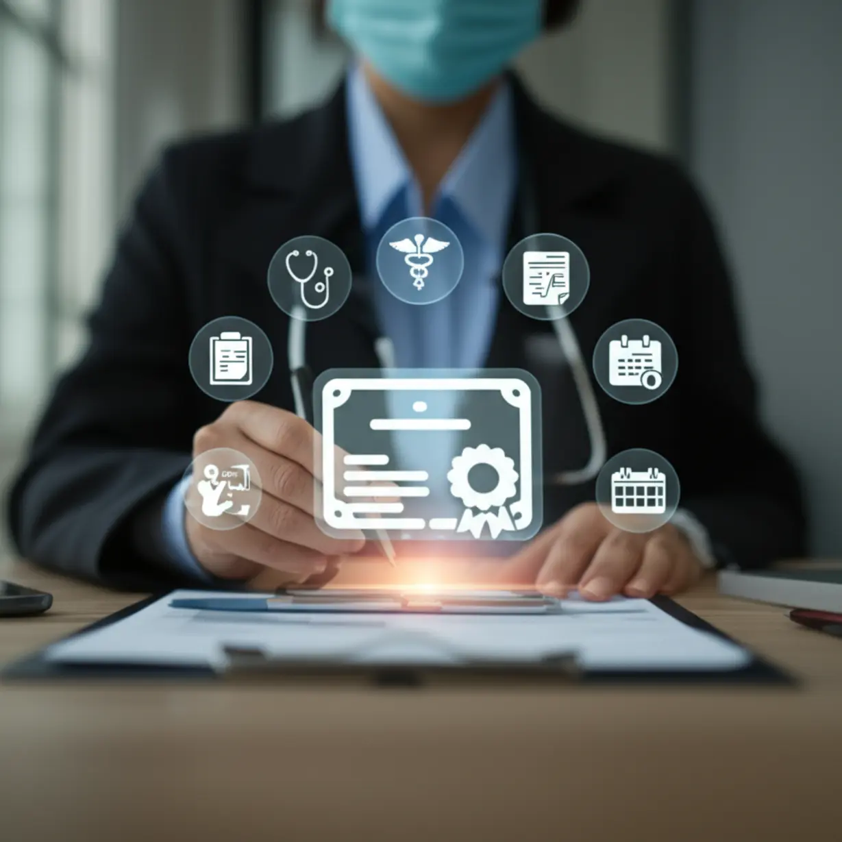 Cute-3D-image-of-medical-icons-surrounding-a-glowing-certificate,-symbolizing-the-importance-of-professional-certification-in-healthcare.