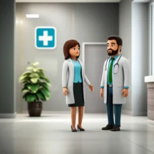 Cute-3D-image-of-abstract-characters-representing-a-hospital-coordinator-and-patient-in-a-modern-hospital-lobby,-emphasizing-efficient-and-welcoming-service.