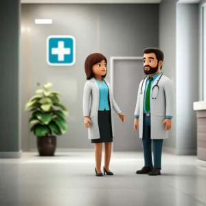 Cute-3D-image-of-abstract-characters-representing-a-hospital-coordinator-and-patient-in-a-modern-hospital-lobby,-emphasizing-efficient-and-welcoming-service.