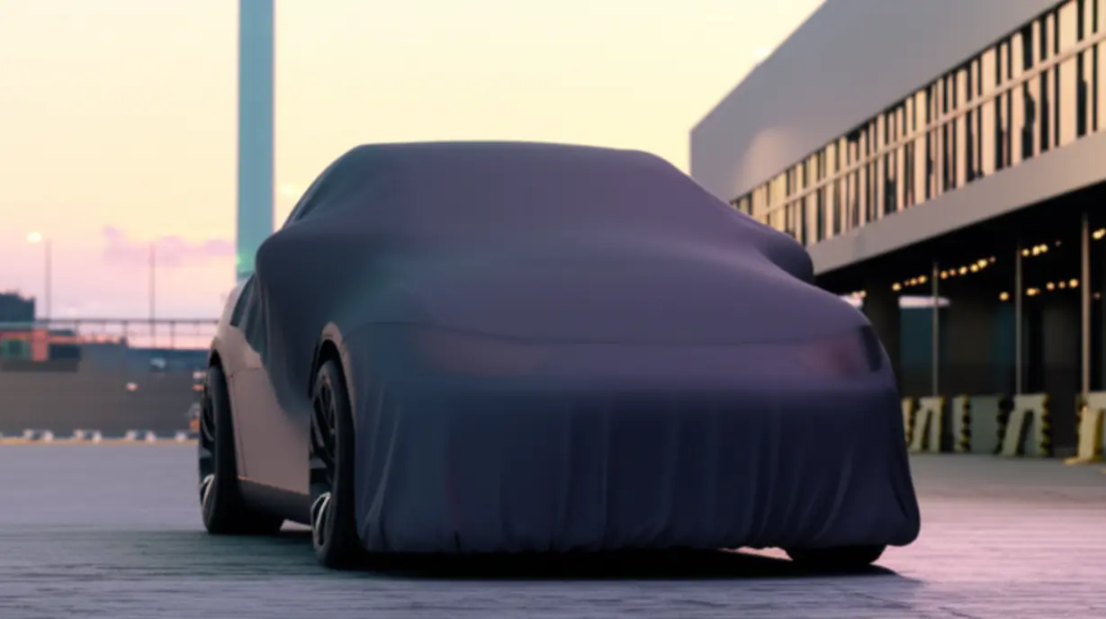 A-clean,-modern-tow-yard-at-dawn-with-a-sleek,-covered-electric-car,-symbolizing-the-initial-discovery-of-an-incident.