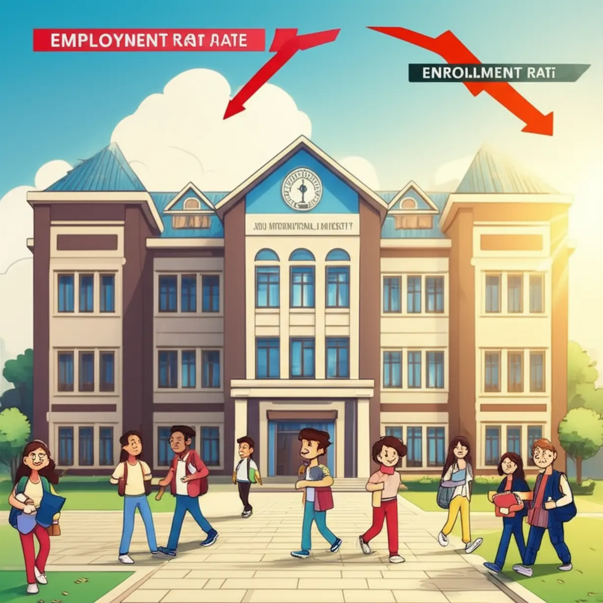 제주국제대학교-캠퍼스-건물과-학생들,-취업률은-높고-충원율은-낮은-역설적인-상황을-보여주는-3D-이미지