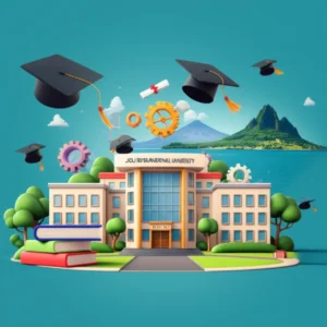 제주국제대학교-캠퍼스-건물과-학업-상징물이-어우러진-3D-이미지,-제주의-자연경관이-배경에-보이는-모습