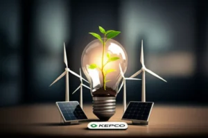 Glowing-light-bulb-with-sprout,-solar-panels,-wind-turbines-on-a-desk-with-a-KEPCO-badge,-symbolizing-energy,-innovation,-and-career-opportunity.