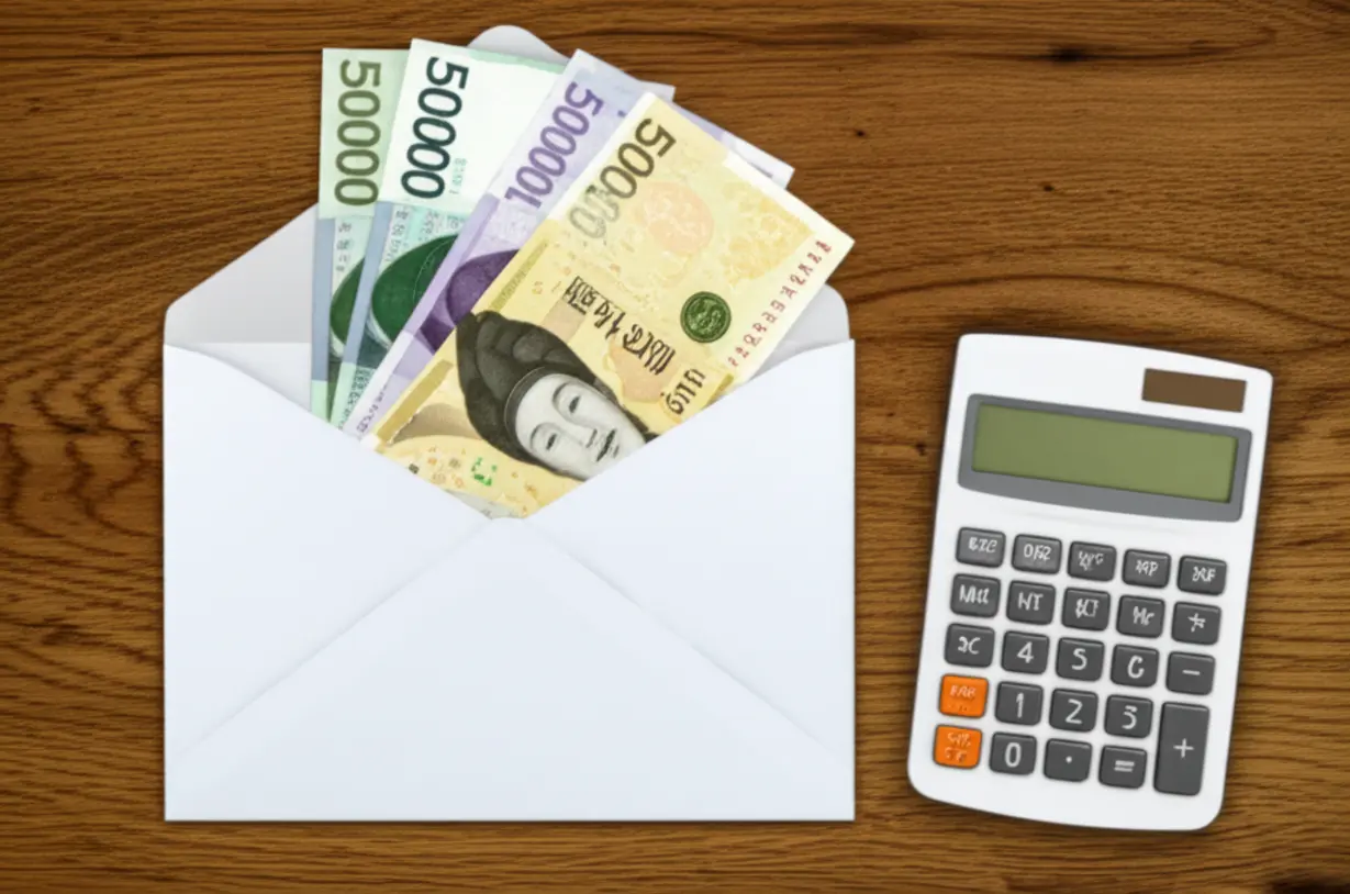 전통적인-흰색-봉투에-가지런히-접힌-한국-지폐들과-계산기-아이콘이-함께-있는-이미지