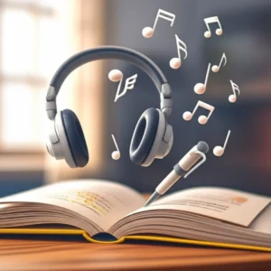 A-cute-3D-illustration-of-an-English-grammar-book,-headphones,-and-musical-notes,-symbolizing-joyful-language-learning.