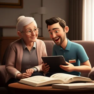 A-3D-illustration-of-an-elder-and-a-life-support-worker,-symbolizing-care-and-professional-development.