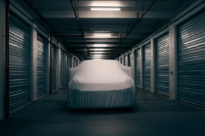 A-mysterious,-quiet-car-storage-lot-with-a-covered-electric-vehicle-under-soft,-early-morning-light,-suggesting-a-hidden-story.