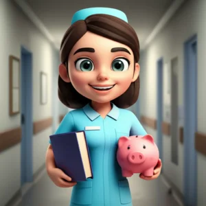 Cute-3D-cartoon-nursing-assistant-with-a-textbook-and-piggy-bank,-symbolizing-the-career-path-and-financial-aspects.