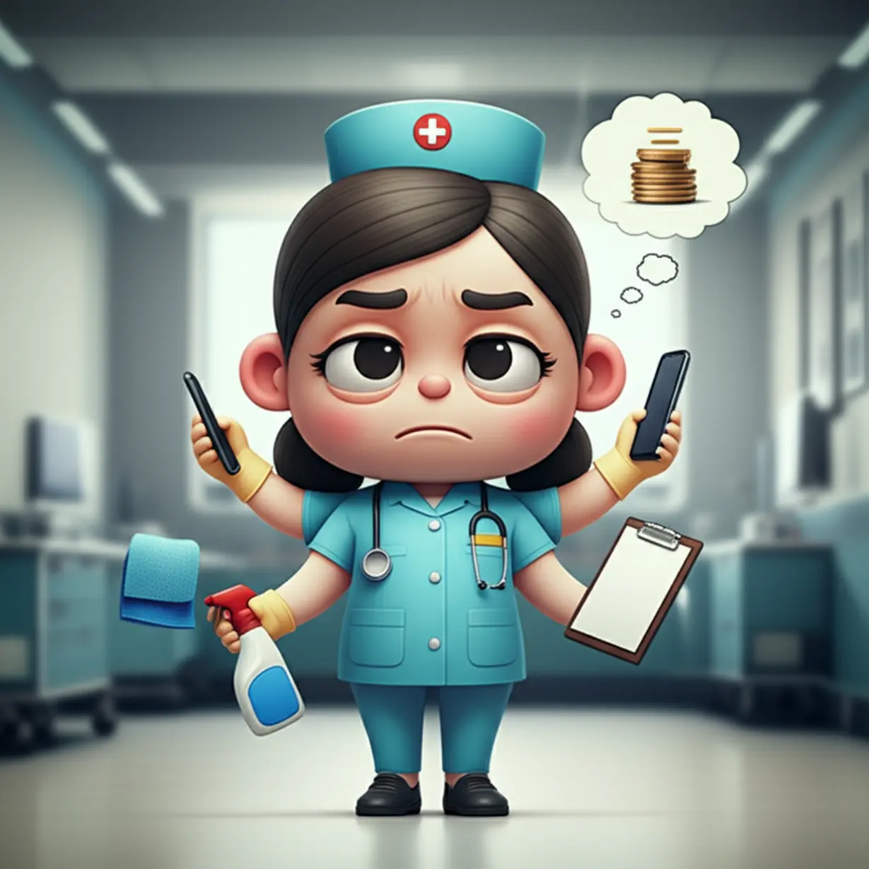 Cute-3D-cartoon-nursing-assistant-character-juggling-multiple-tasks-with-a-thought-bubble-of-limited-money,-depicting-workload-and-salary-issues.