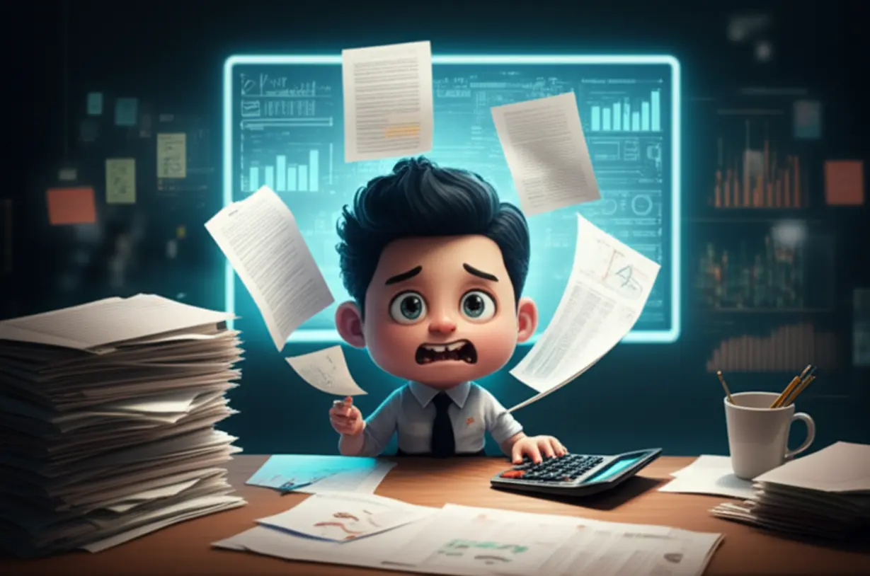 Stressed-business-owner-with-paper-documents,-hinting-at-an-emerging-digital-solution-for-accounting.