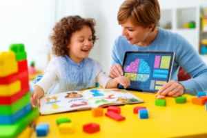 A-happy-5-year-old-child-engaging-in-learning-activities-at-a-desk-with-an-adult,-illustrating-personalized-educational-guidance.