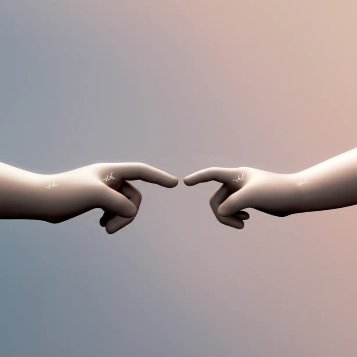 Two-abstract-arm-like-shapes-gently-touching,-each-with-a-faint,-stylized-