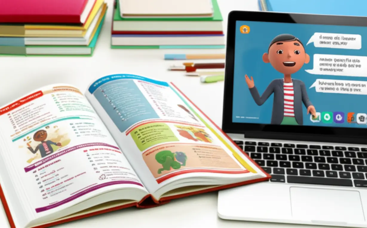 A-3D-illustration-of-an-open-English-workbook-with-a-tablet-displaying-an-online-lecture,-symbolizing-the-structured-and-comprehensive-approach-to-language-learning.