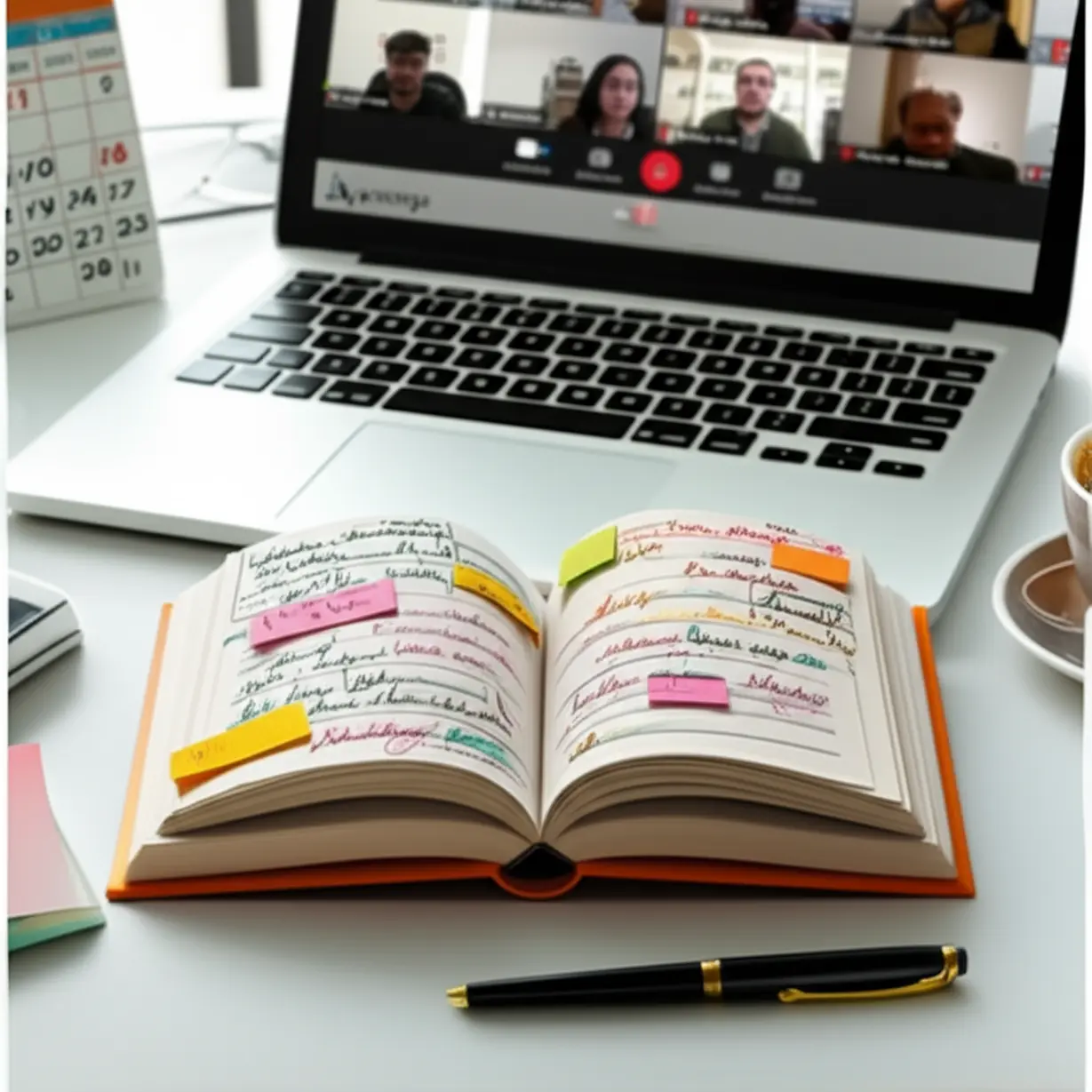 A-3D-illustration-of-an-open-textbook,-laptop,-calendar,-and-pen,-representing-effective-study.